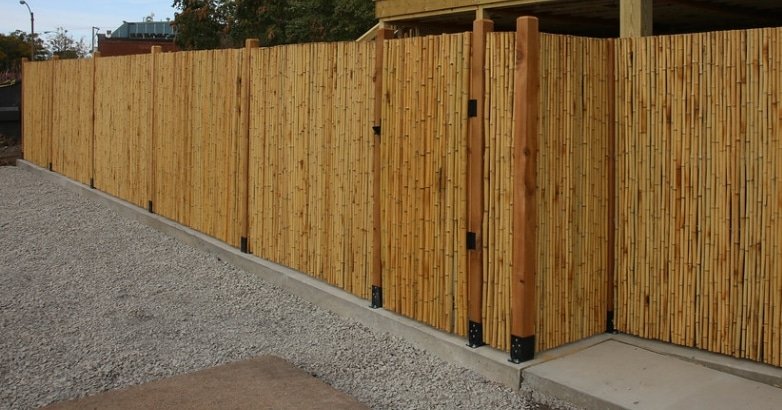 Bamboo fence in front of a house, highlighting eco-friendly and sustainable fencing trends in urban areas.